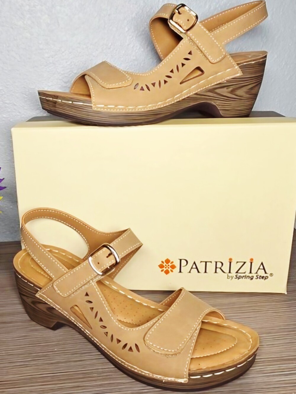 Patrizia by Spring Step Tan Open-Toe Adjustable Wedge Sandals  Size: 7 Like New!
